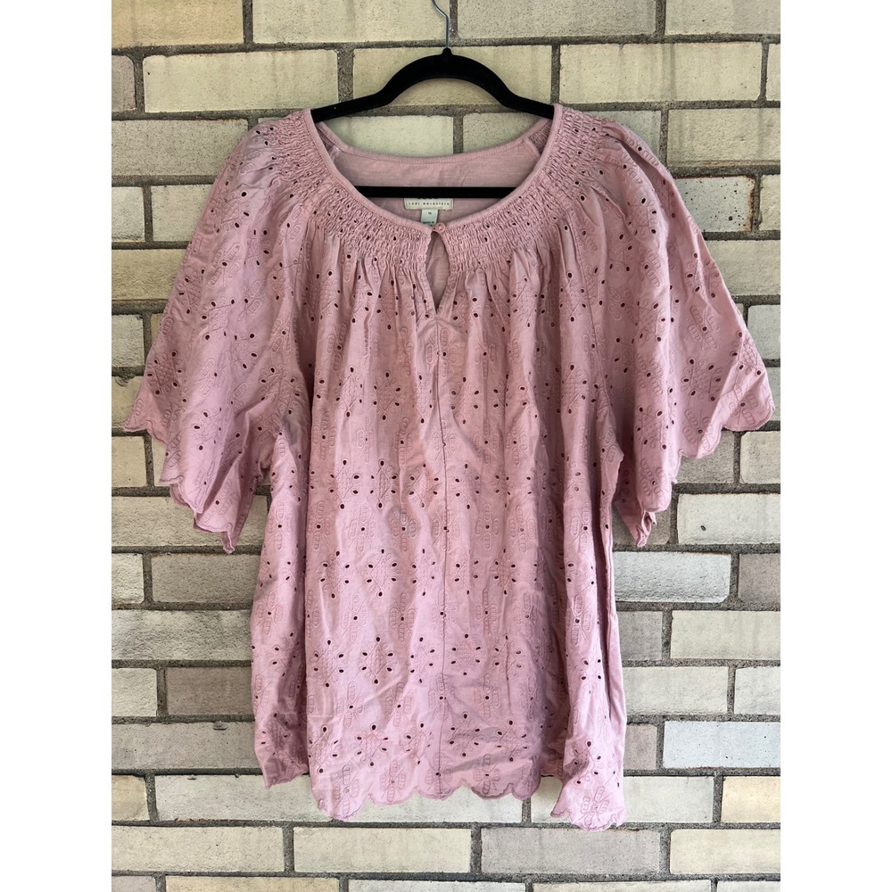 LOGO Lori Goldstein Pink Eyelet Smocked Short Sleeve Top Size 1X